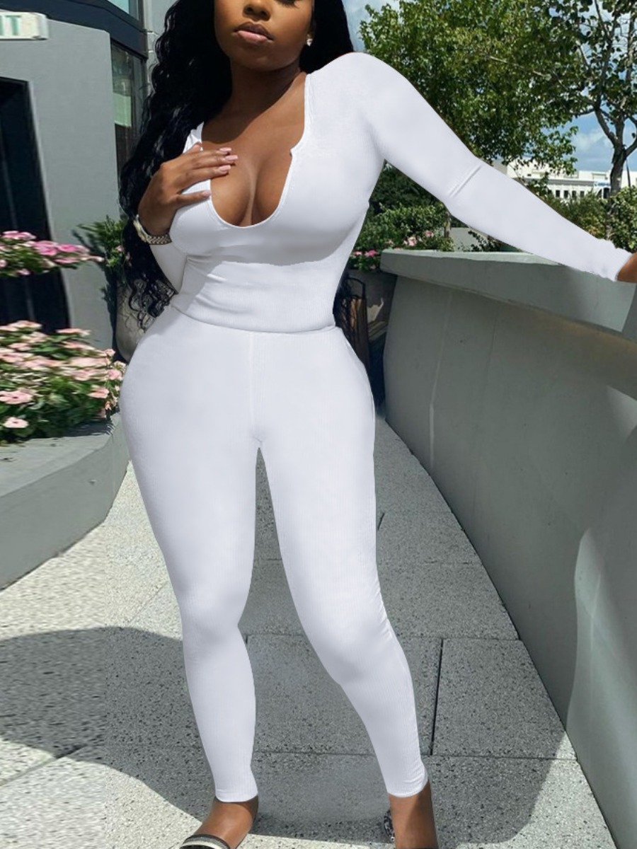 LovelyWholesale BASICS U Neck Plain Skinny Pants Set Fall Long Sleeve Casual Solid Color Notch Neck Spring Summer 2024