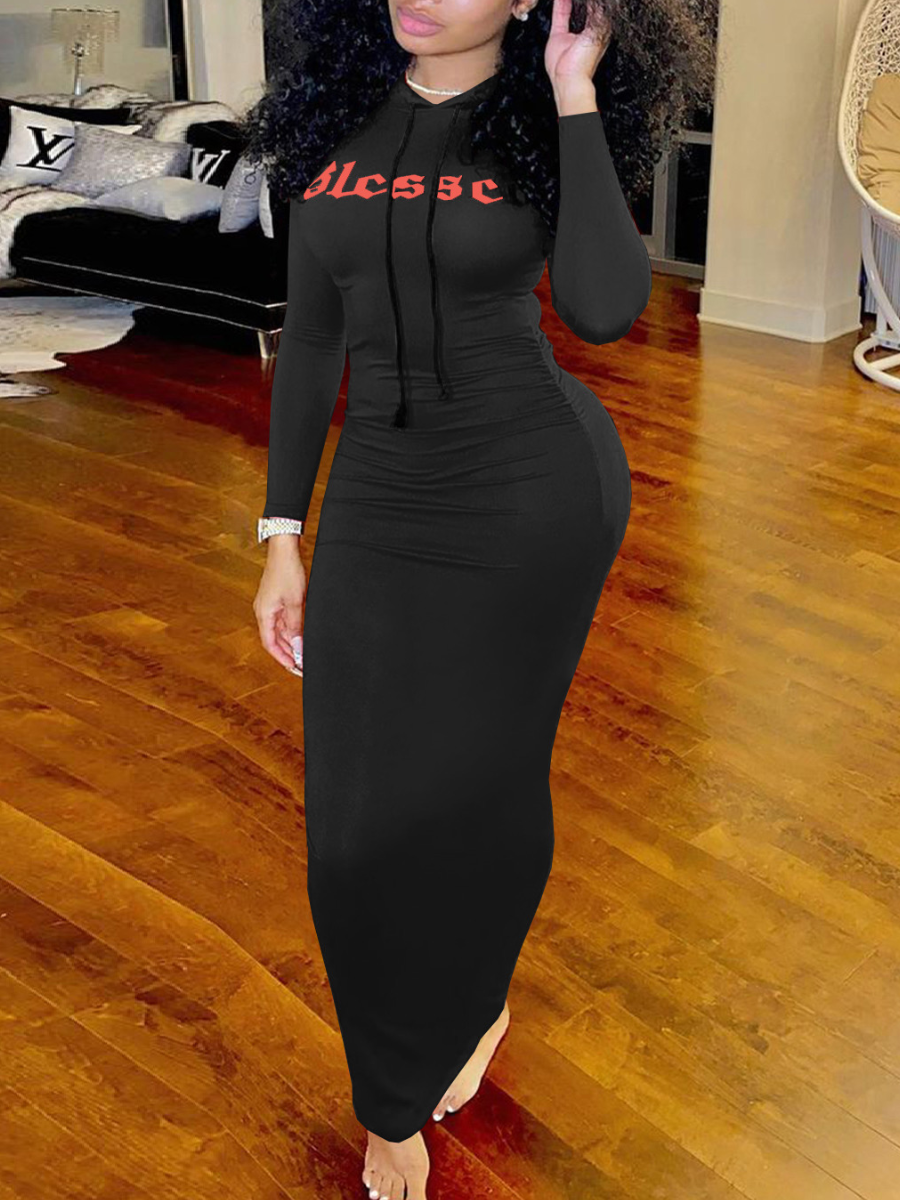 LW Hooded Collar Letter Print Bodycon Dress