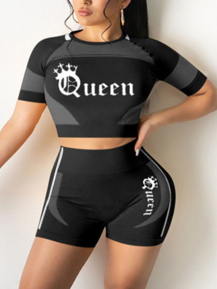 LW Plus Size Crop Top Queen Letter Print Shorts Set