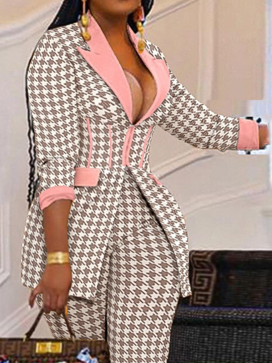 LovelyWholesale Plus Size Houndstooth Pocket Design Skinny Pants Set Fall Long Sleeve Business Patchwork Turndown Collar  5X Spring Summer 2024