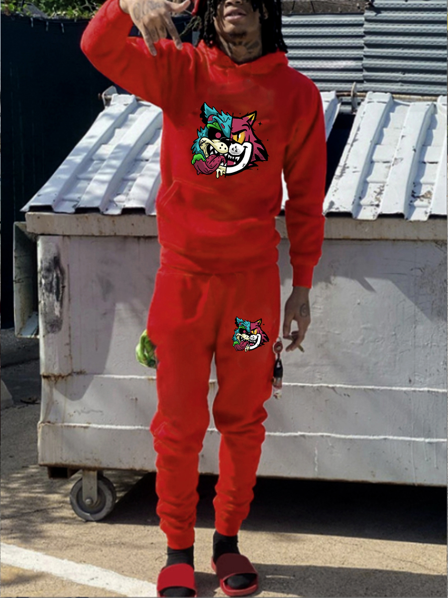 LW Men Cartoon Print Kangaroo Pocket Tracksuit Set