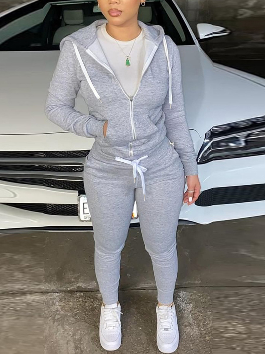 LovelyWholesale COTTON Hooded Collar Kangaroo Pocket Tracksuit Set Fall Long Sleeve Casual Lace Up Hooded Collar Spring Summer 2024