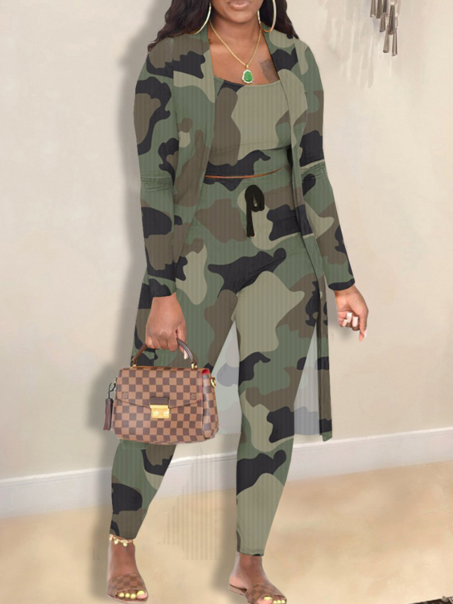 LW Plus Size Crop Top Camo Print Rib Knit Three Piece Pants Set