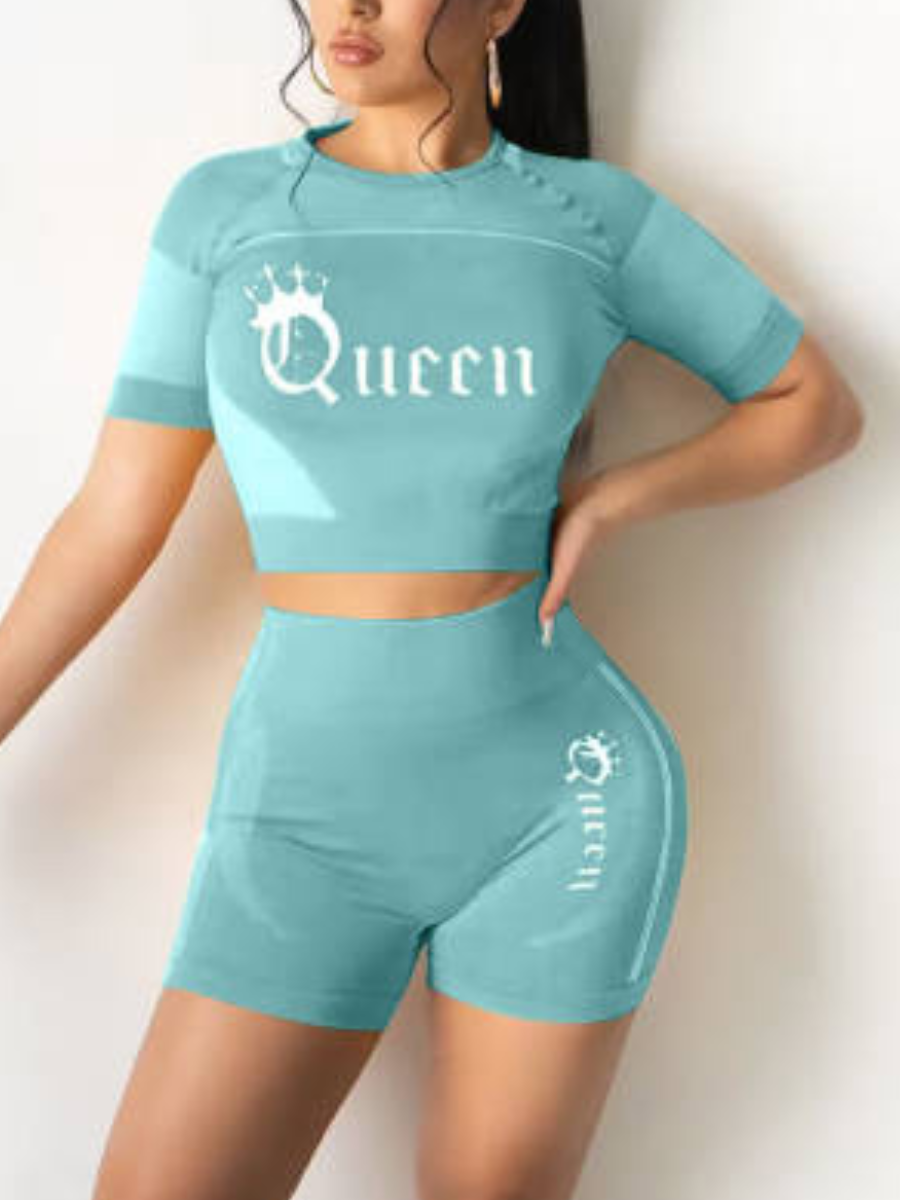 LW Crop Top Crown Queen Letter Print Shorts Set