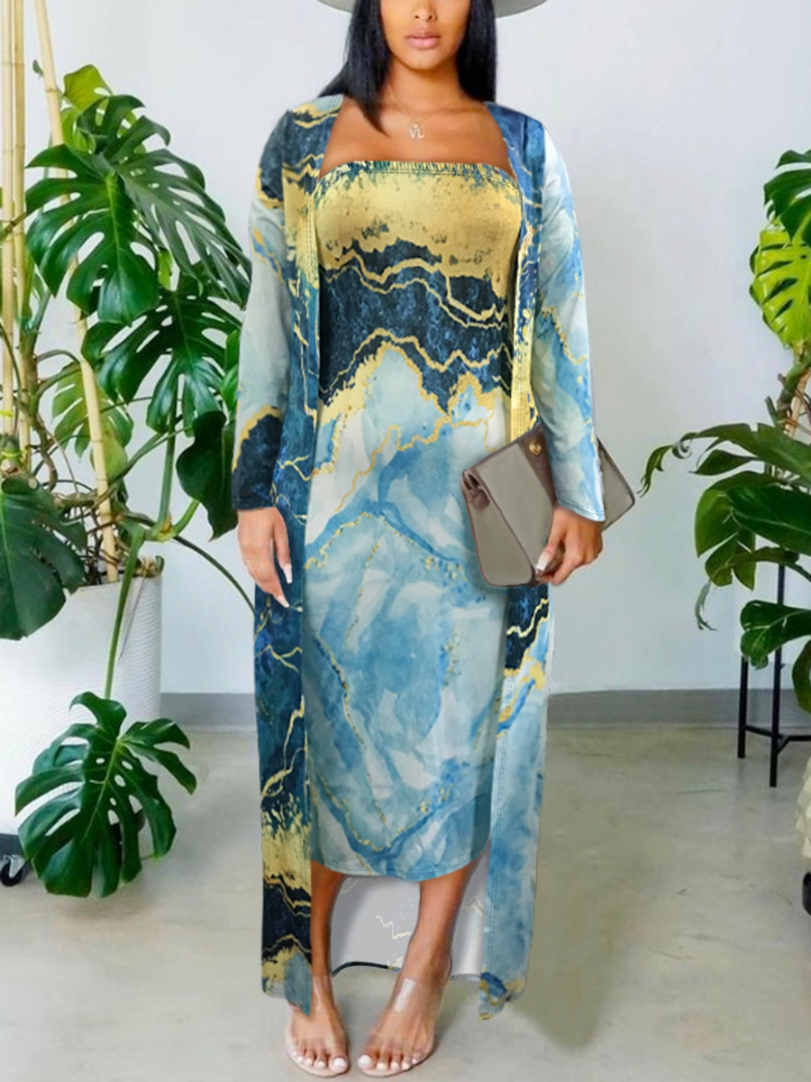 LovelyWholesale BASICS Plus Size Off The Shoulder Mixed Print Dress Set Spring Long Sleeve Casual Basic Strapless  5X Spring Summer 2024