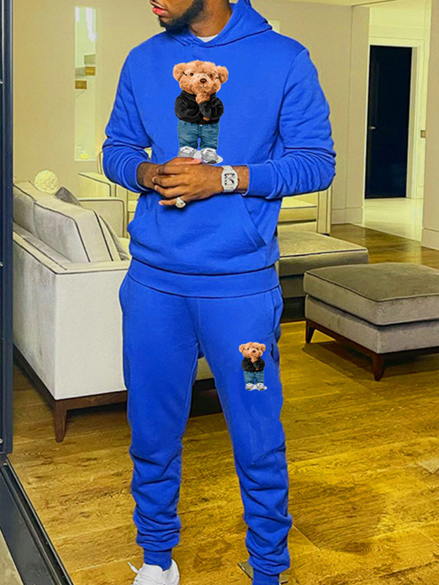 LW Men Teddy Bear Print Kangaroo Pocket Tracksuit Set