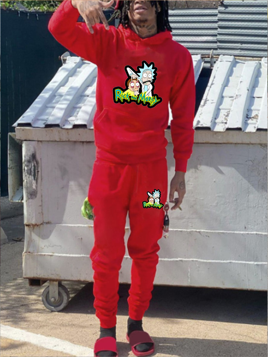 LW Men Cartoon Letter Print Kangaroo Pocket Tracksuit Set