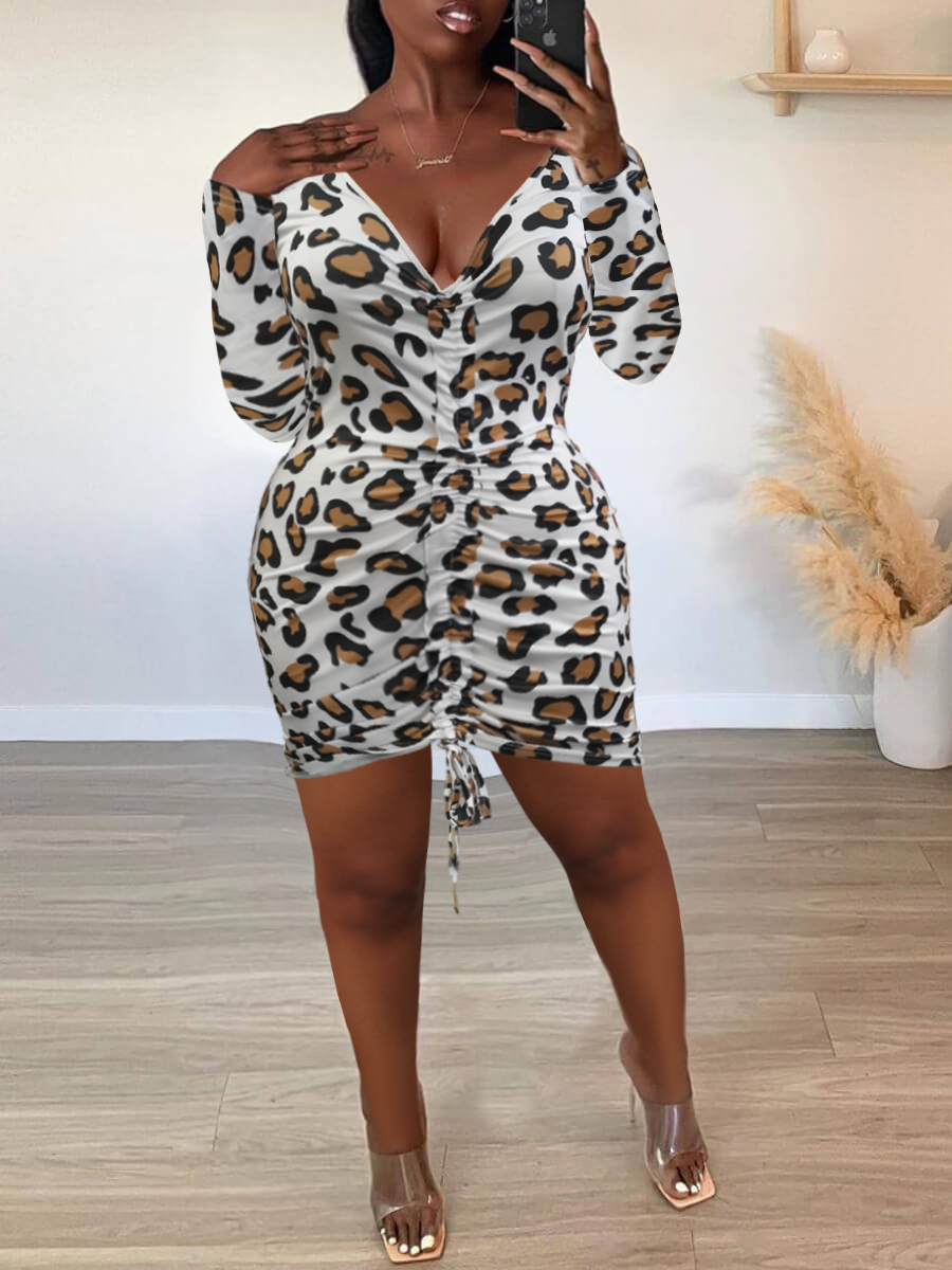 LW Plus Size Casual Off The Shoulder Leopard Print Mid Calf Dress