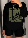 LW Plus Size Rhinestone Blessed Letter Decor Sweatshirt