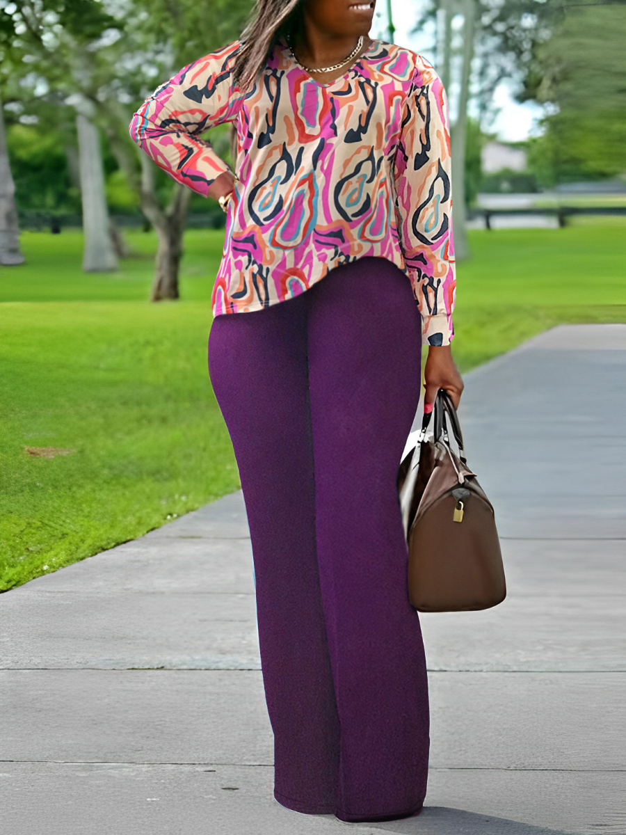 LW BASICS Plus Size Mixed Print Regular Two-piece Pants Set