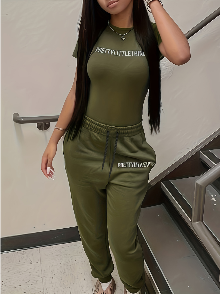 LW BASICS Plus Size Letter Print Drawstring Pants Set