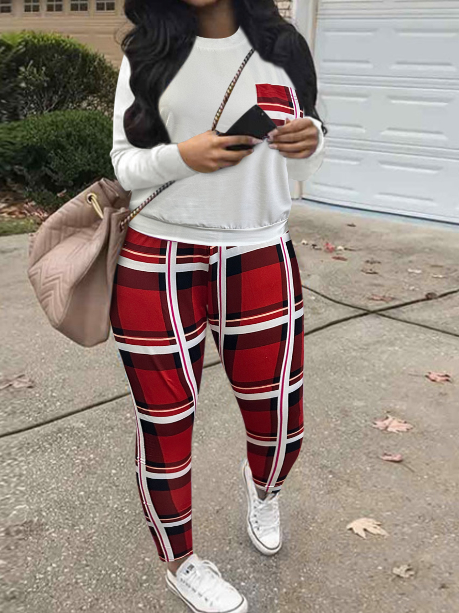 LW Round Neck Plaid Print Pants Set