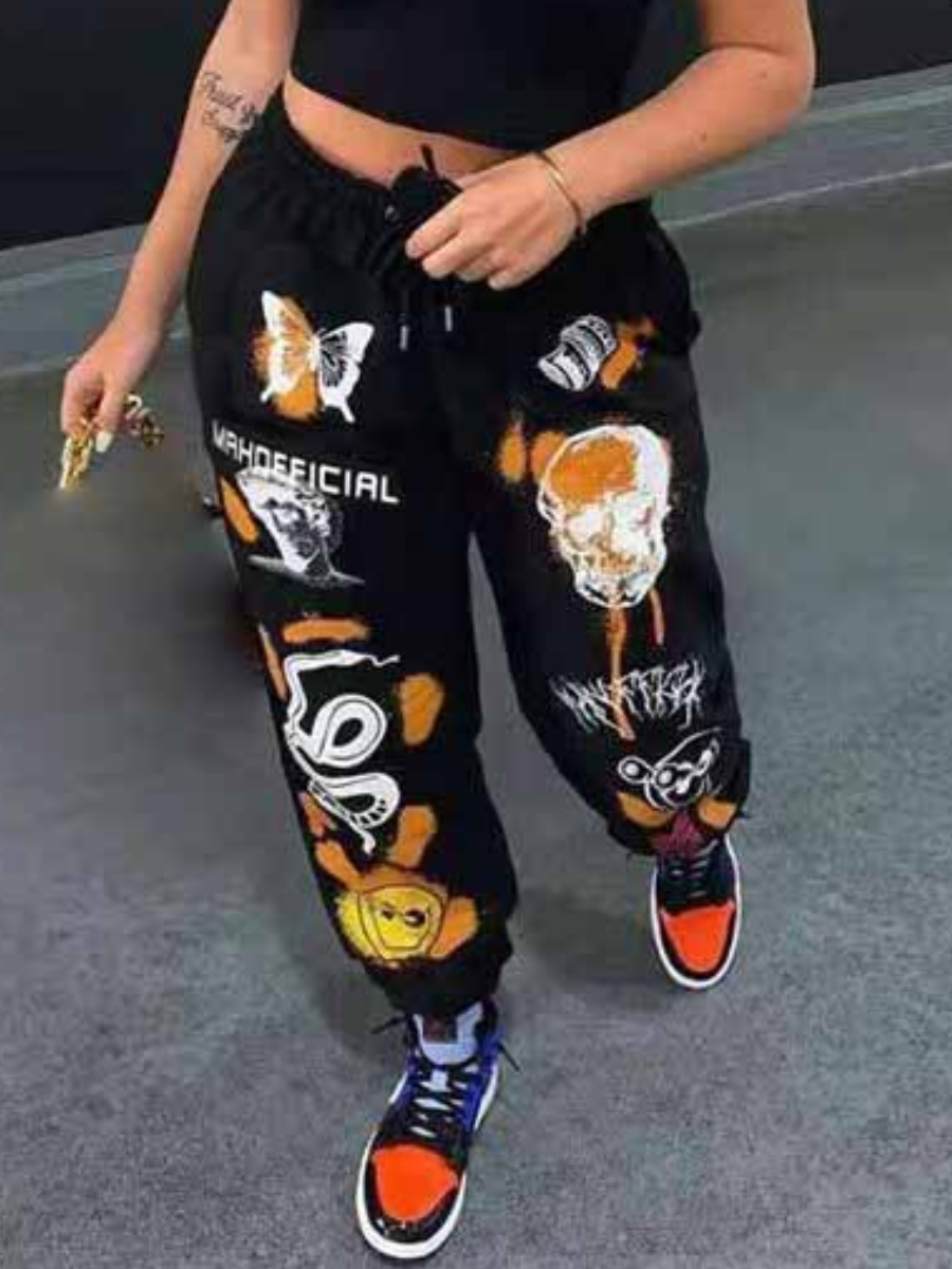 LovelyWholesale Butterfly Skull Head Mixed Print Drawstring Sweatpants Spring|Fall Casual Pattern Spring Summer 2024