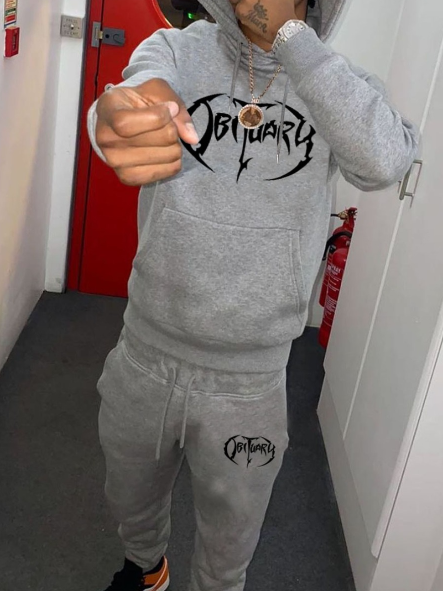 LW Men Letter Print Kangaroo Pocket Tracksuit Set