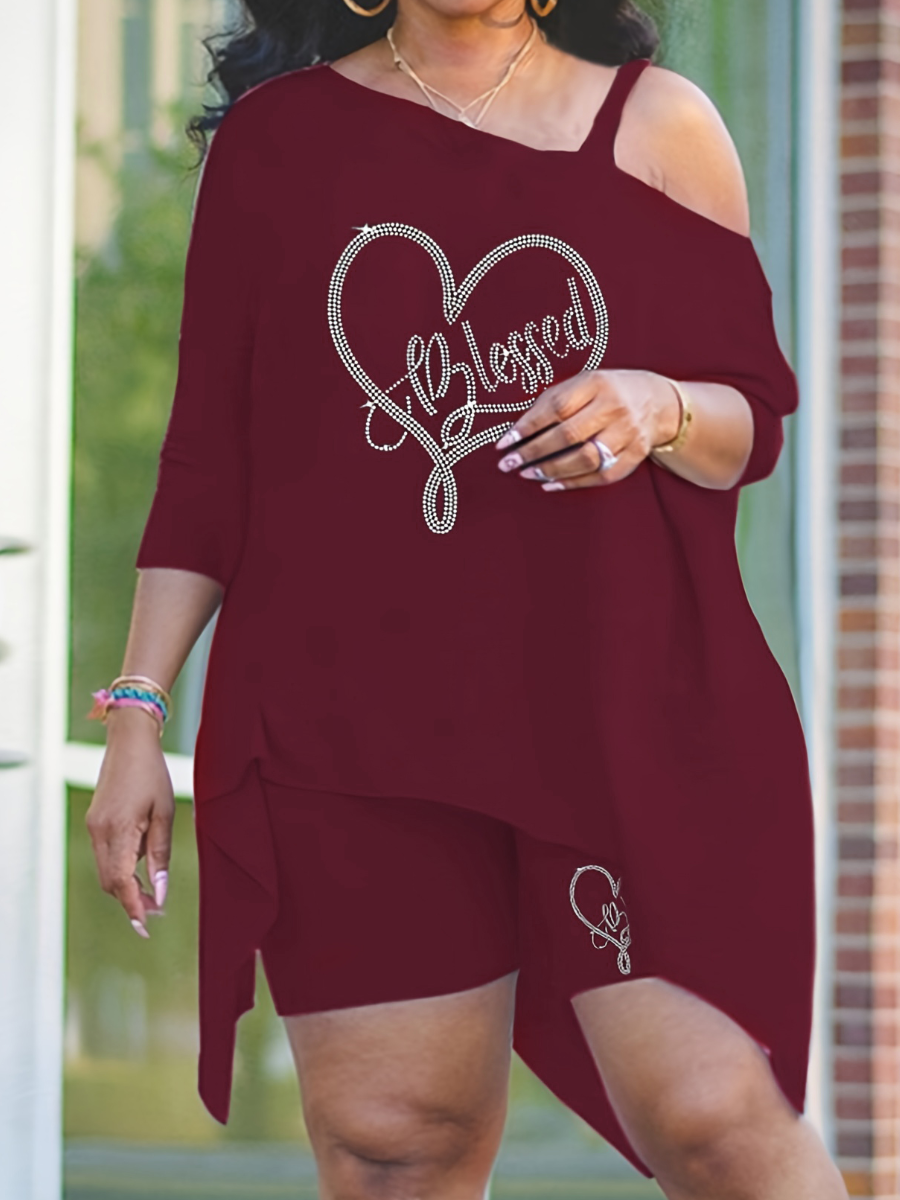 LW Plus Size Crown Queen Letter Shorts Set