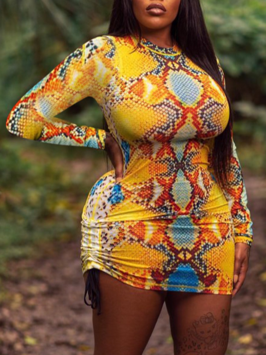 LovelyWholesale SXY Snakeskin Print Drawstring Bodycon Dress Fall Long Sleeve Sxy Round Neck Spring Summer 2024