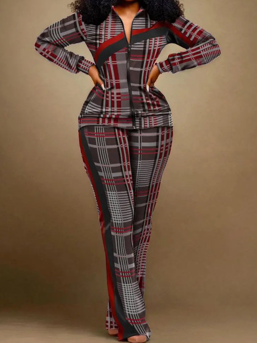 LovelyWholesale Plus Size Plaid Print Striped Zipper Design Pants Set Fall Long Sleeve Casual Turndown Collar  3X Spring Summer 2024
