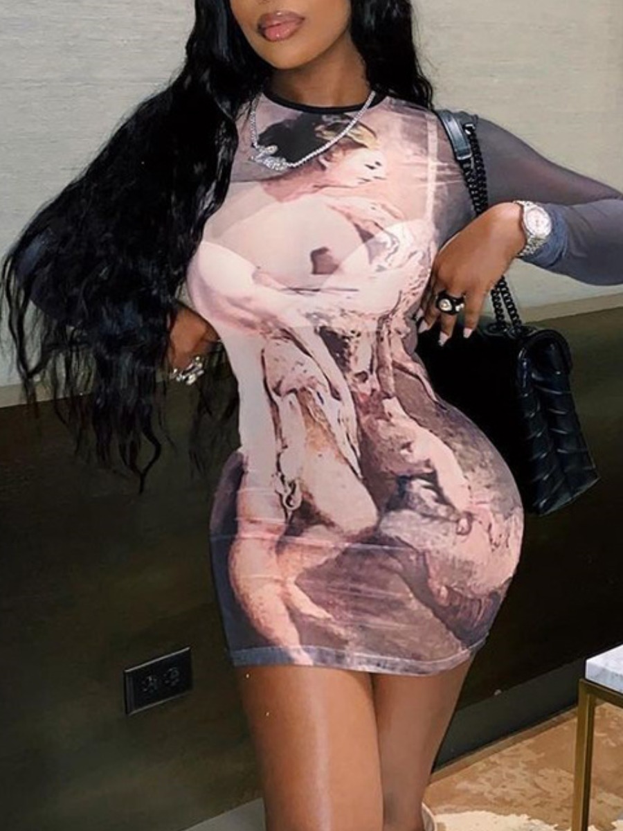 LW SXY Gradient Figure Print See Through Bodycon Dress