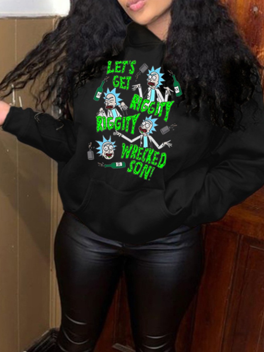 LW Cartoon Letter Print Kangaroo Pocket Hoodie
