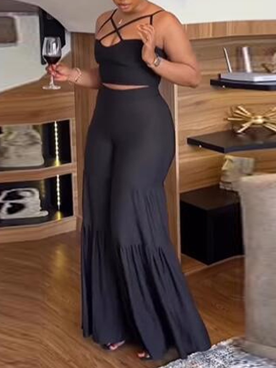 LW Crop Top Ruffle Design High Waist Pants Set