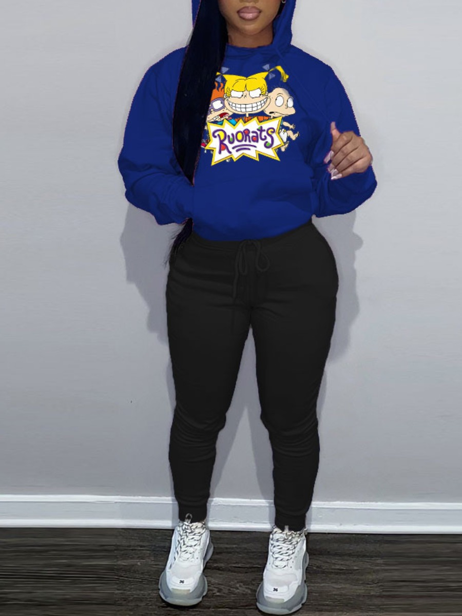 LW Plus Size Cartoon Letter Print Kangaroo Pocket Tracksuit Set