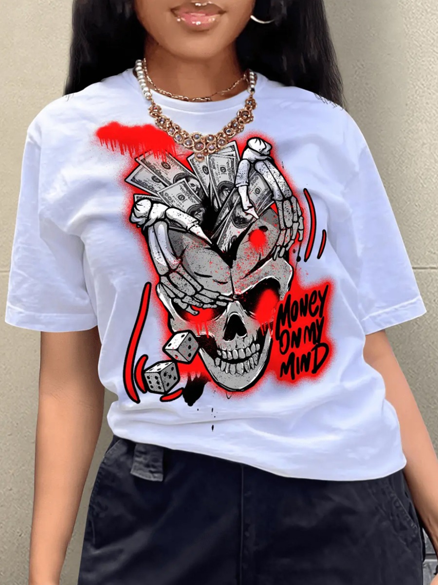 LovelyWholesale Skull Head Money Letter Print T-shirt Summer Short Sleeve Casual Pattern Round Neck Spring Summer 2024