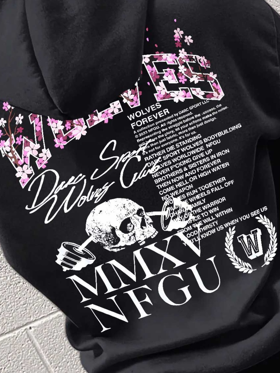 LW Plus Size Skull Head Floral Letter Print Kangaroo Pocket Hoodie