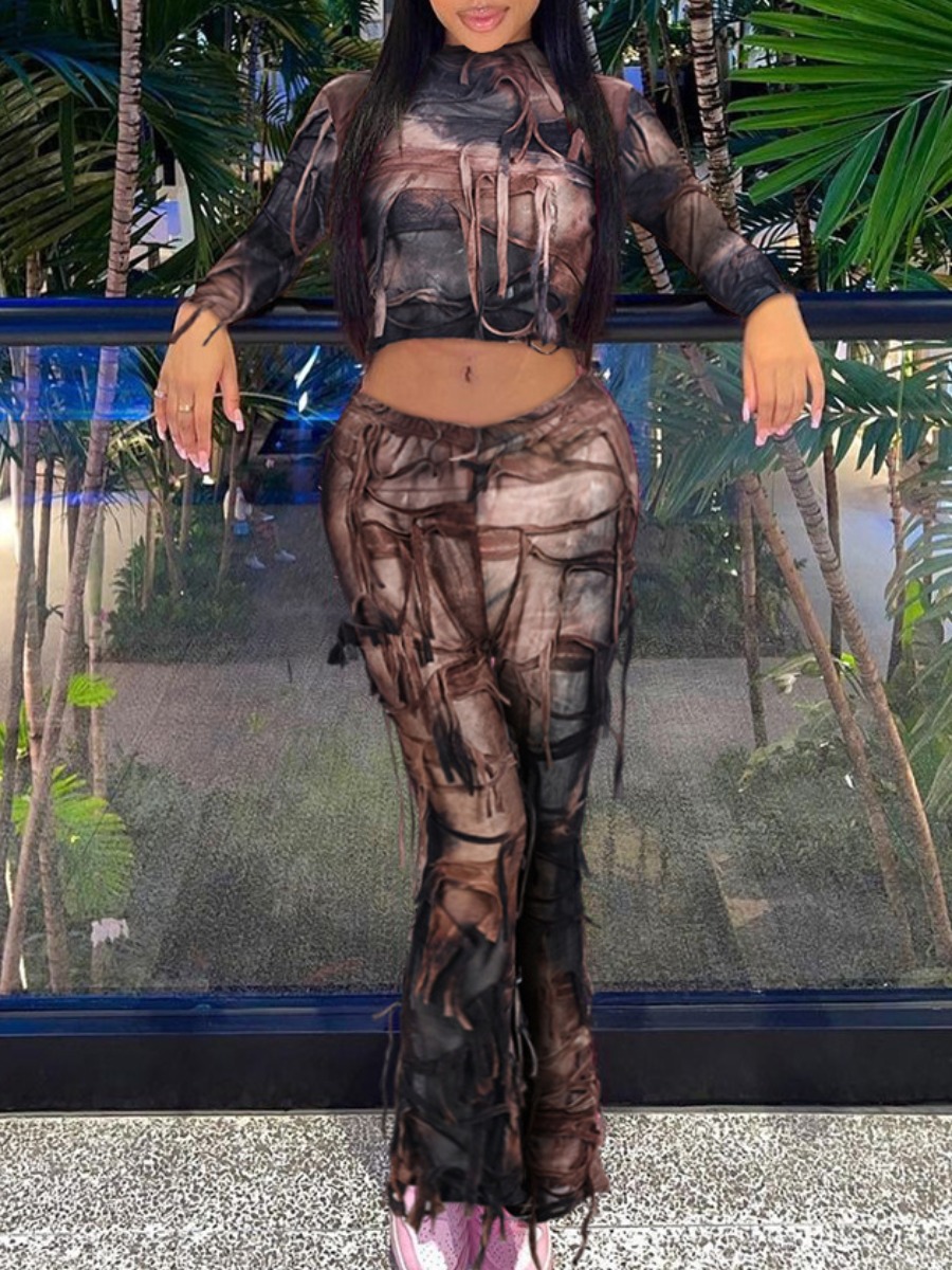LW Crop Top Tie Dye Tassel Design Flared Pants Set