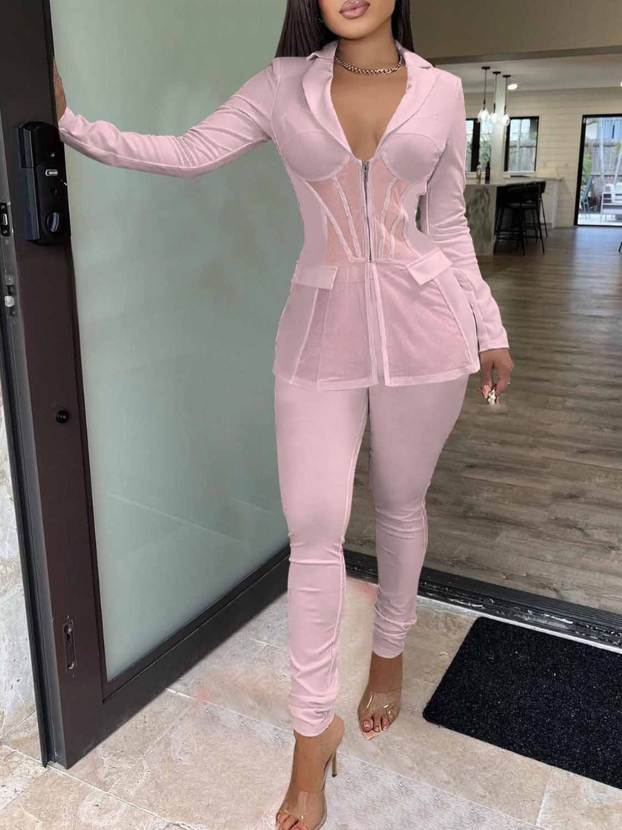 LovelyWholesale See Through Pocket Design Skinny Pants Set Fall Long Sleeve Elegant Turndown Collar Spring Summer 2024