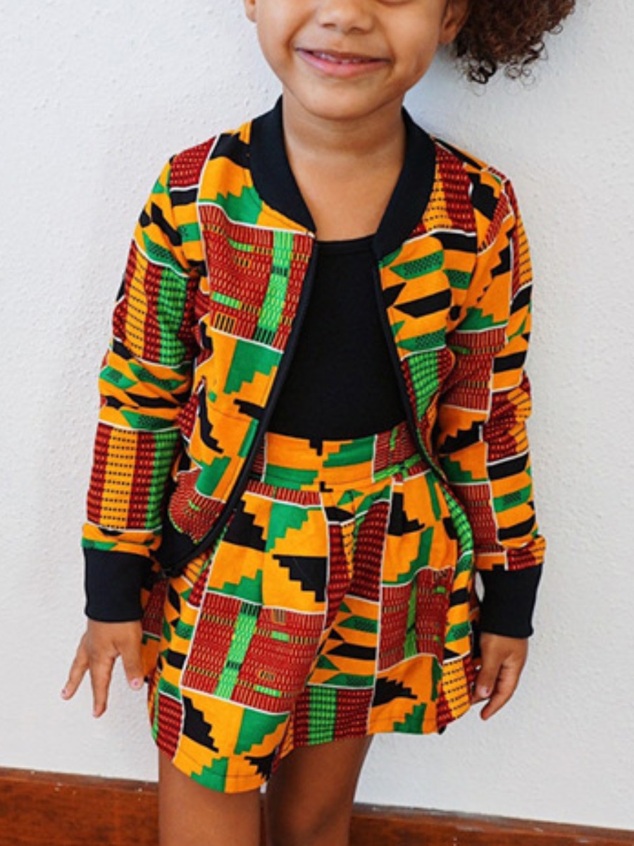 LW COTTON Girl Afro Geometric Print Zipper Design Skirt Set