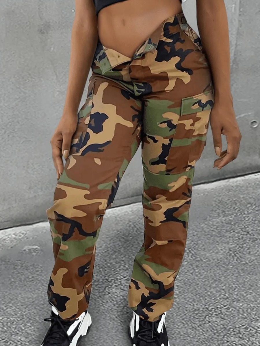 LW Plus Size Mid Waist Camo Print Side Pocket Cargo Pants 4X