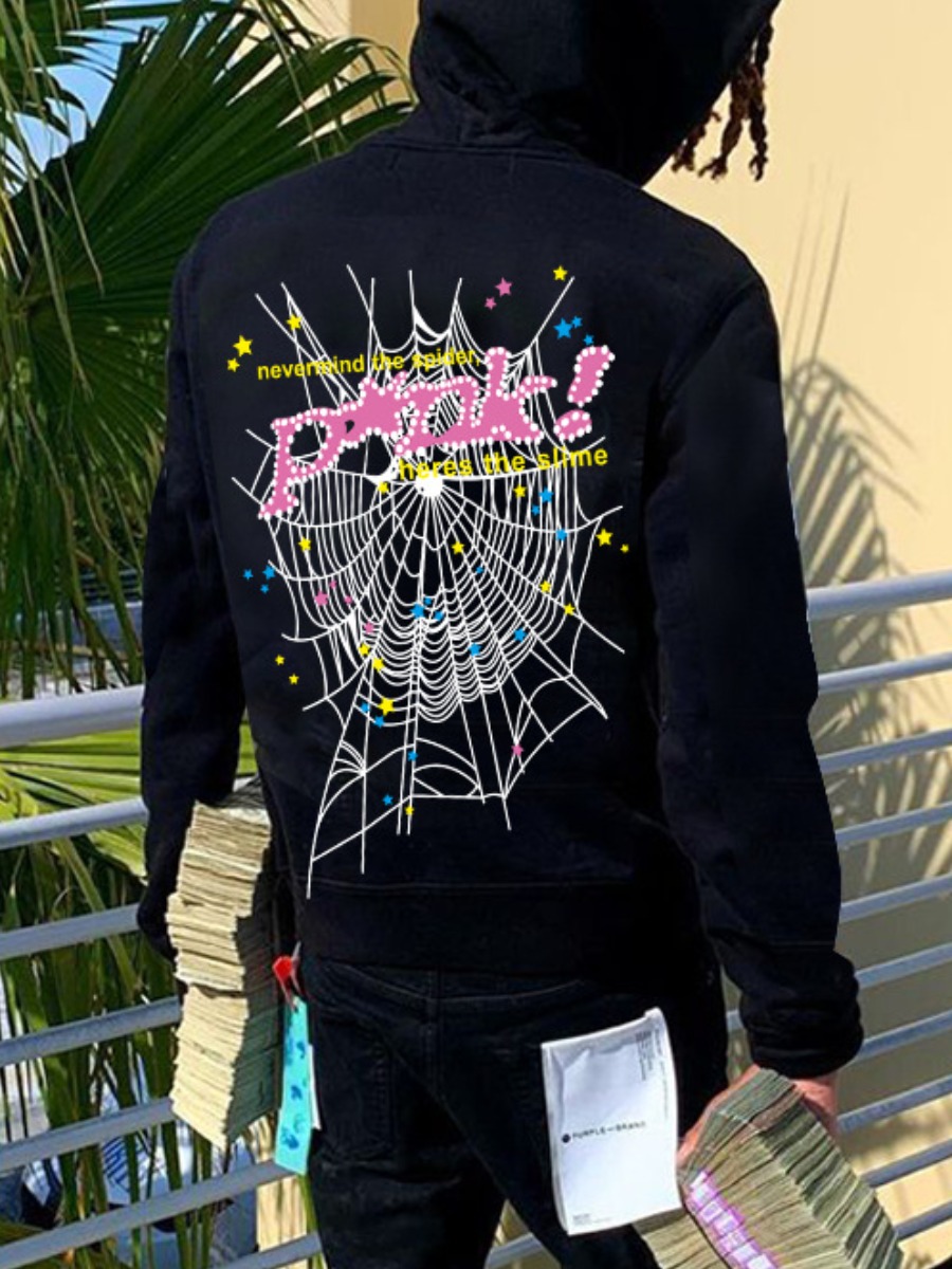 LW Men Spider Web Letter Print Kangaroo Pocket Hoo