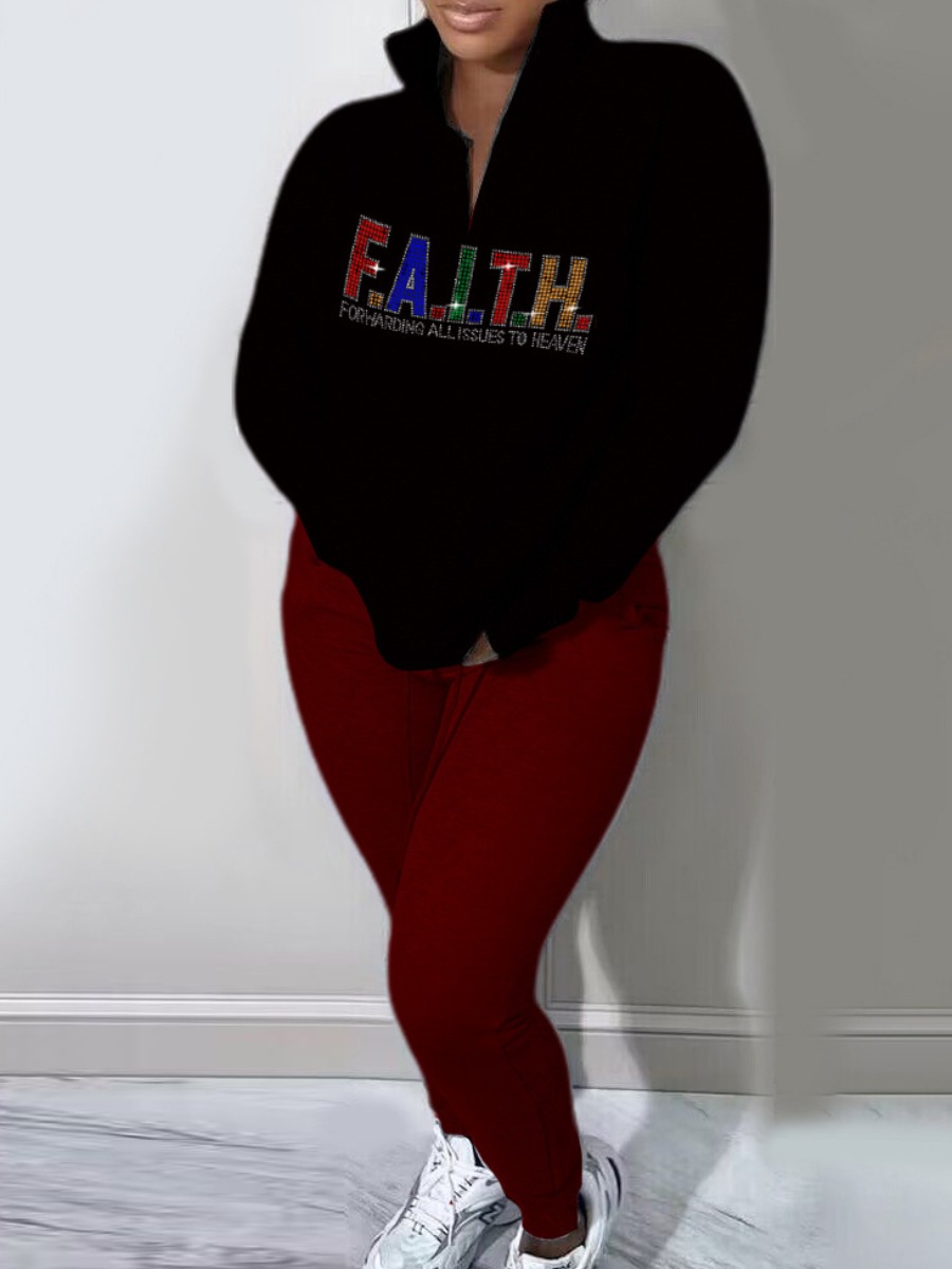 LW Plus Size Rhinestone Faith Letter Decor Pants Set