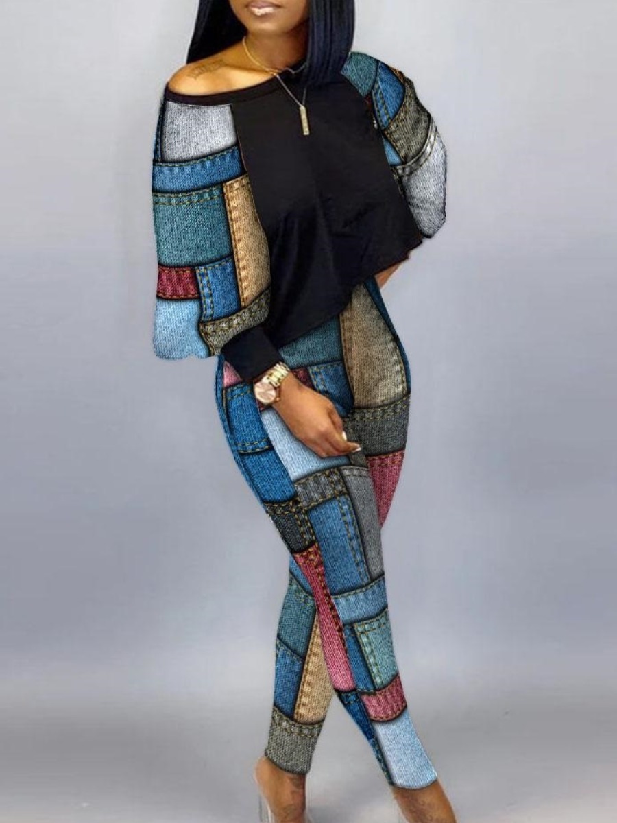 LovelyWholesale Plus Size Round Neck Color Lump Patchwork Pants Set Fall Long Sleeve Casual Pattern Round Neck  3X Spring Summer 2024