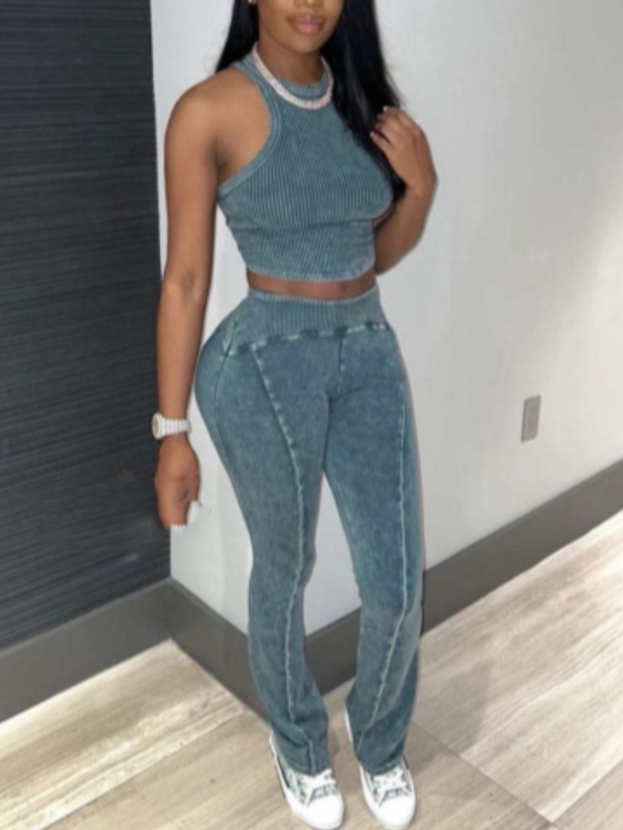 LW BASICS Imitation Denim Crop Top Skinny Pants Set