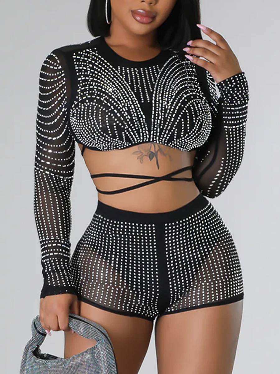 LW Crop Top Rhinestone Decor See Through Shorts Set