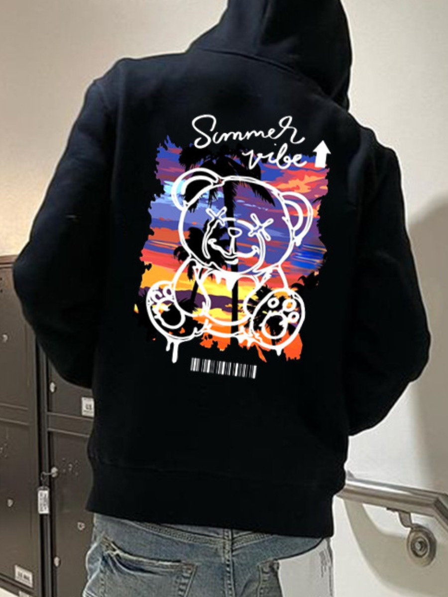LW Men Teddy Bear Letter Print Kangaroo Pocket Hoodie