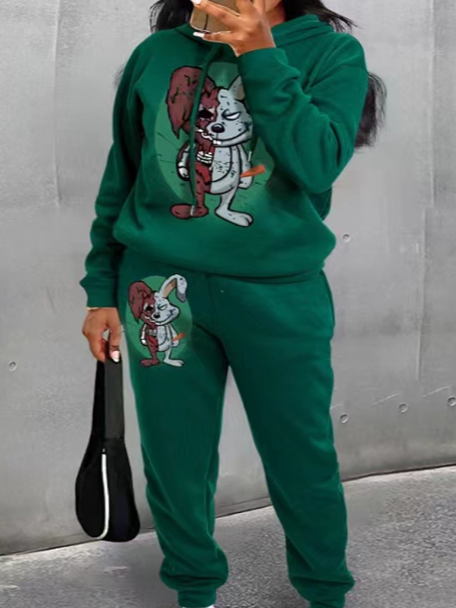 LW Plus Size Hooded Collar Cartoon Print Pants Set