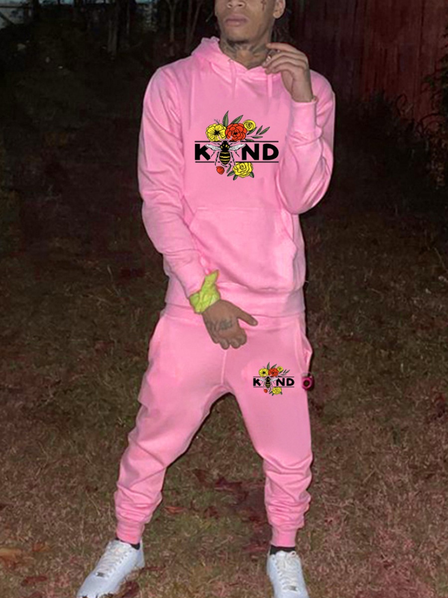 LW Men Floral Bee Letter Print Kangaroo Pocket Tracksuit Set