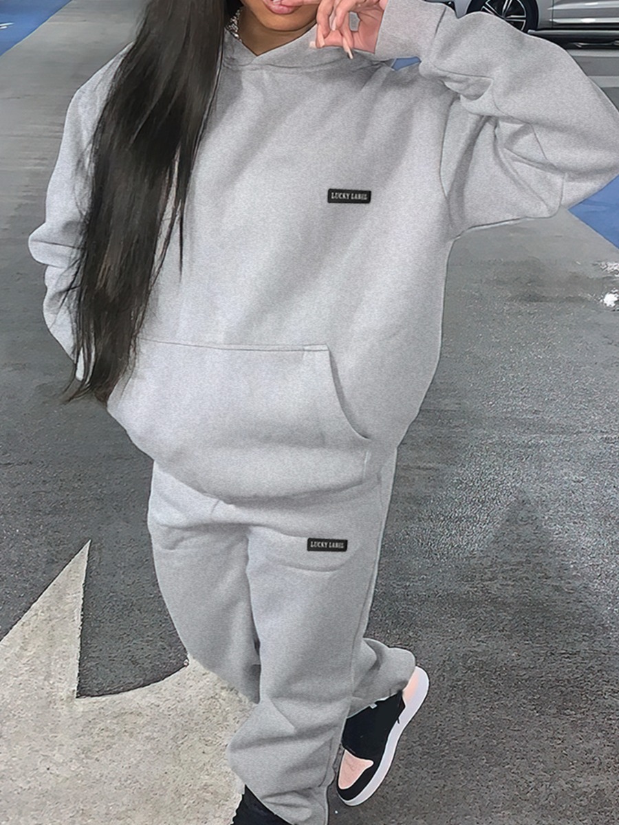 LovelyWholesale Plus Size Letter Print Kangaroo Pocket Tracksuit Set Fall Long Sleeve Casual Hooded Collar  5X Spring Summer 2024