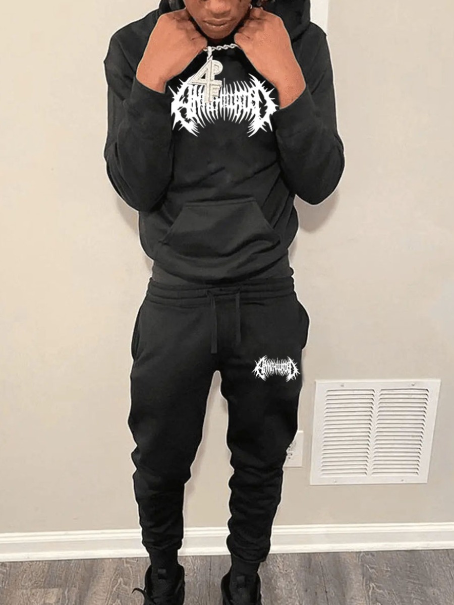 LW Men Gothic Element Print Kangaroo Pocket Tracksuit Set