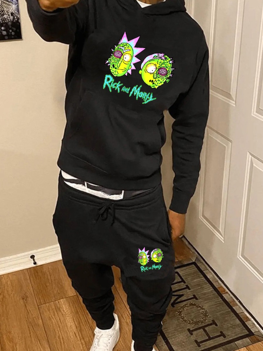 LW Men Cartoon Letter Print Kangaroo Pocket Tracksuit Set