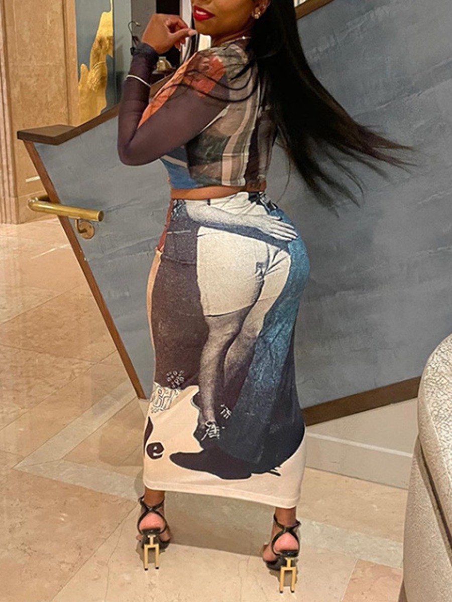 LW See Through Crop Top Figure Print Skinny Skirt 