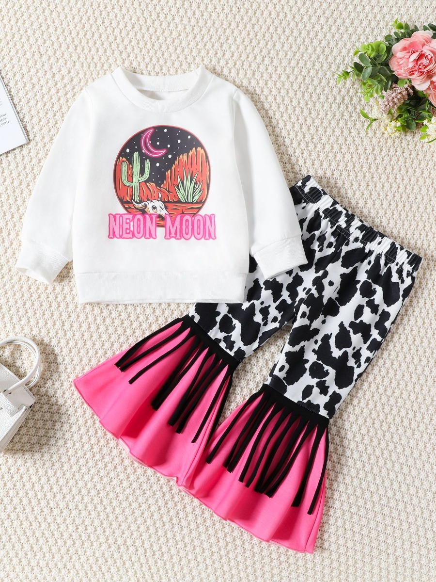 LW COTTON Girl Cow Letter Print Tassel Design Flared Pants Set
