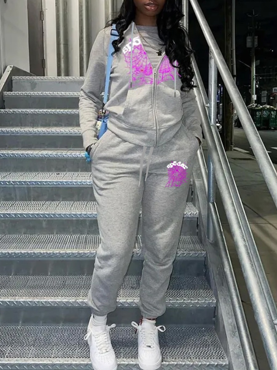 LW Spider Web Letter Print Kangaroo Pocket Tracksuit Set