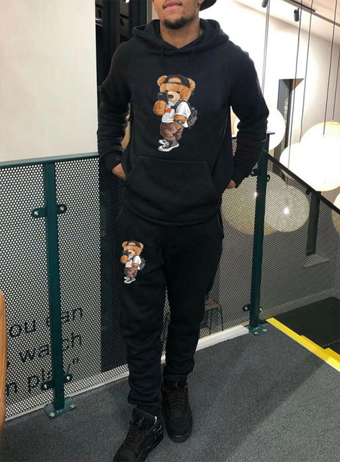 LW Men Teddy Bear Print Kangaroo Pocket Tracksuit Set