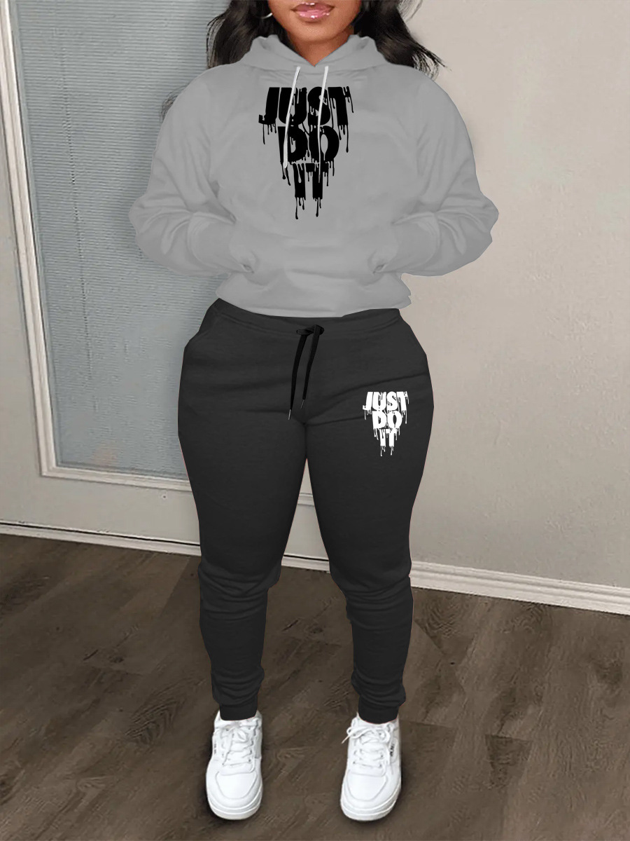 LW Just Do It Letter Print Kangaroo Pocket Tracksuit Set