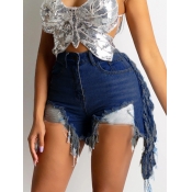 LW High Stretchy Tassel Design Ripped Denim Shorts