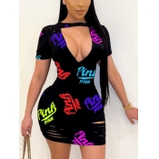 LW Pink Letter Print Cut Out Ripped Bodycon Dress