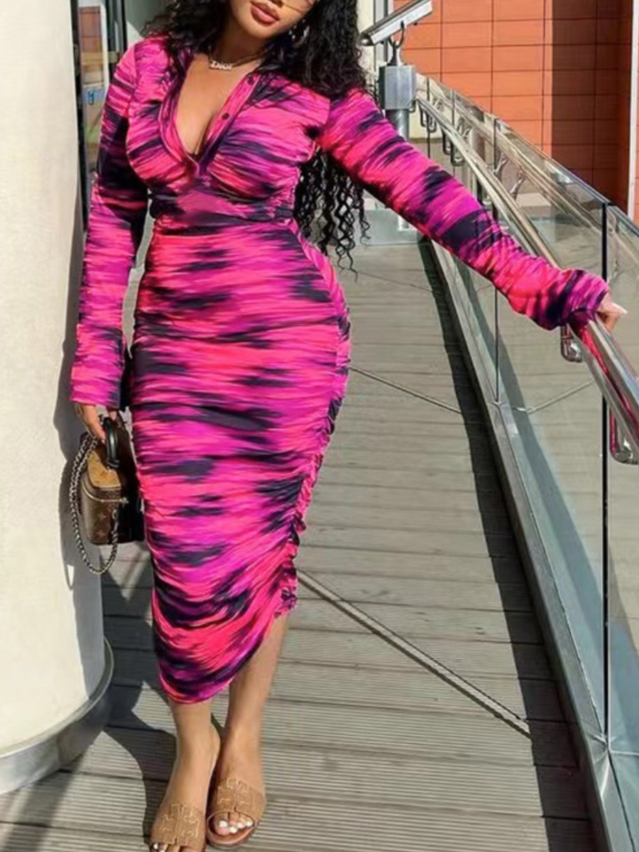 LW V Neck Tie Dye Ruched Bodycon Dress